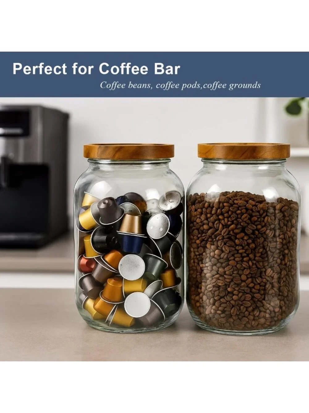 2 Pack Airtight Glass Storage Jars with Wooden Lids - 1 Gallon Wide Mouth